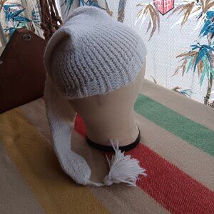 Vintage Girls Hand-Knitted Elf Winter Cap White Long Tassel handmade 1970s USA
